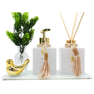 Kit Banheiro Lavabo Difusor Aromatizador e Saboneteira Luxo C/ Bandeja Espelhada