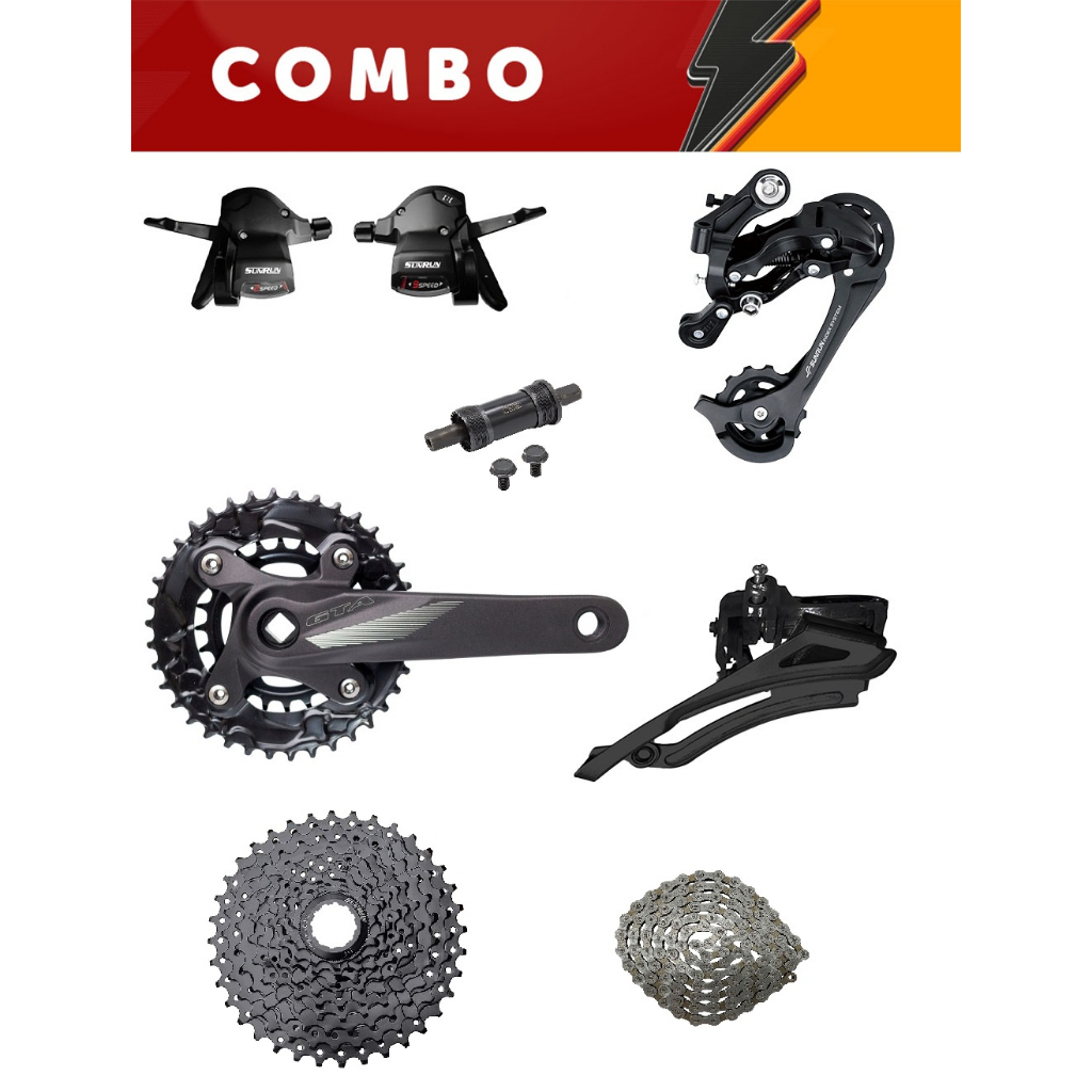 Conjunto de Transmissão Para Bicicleta 2x9 Completo Sunrun Gta Câmbios Alavancas Corrente Pedivela Movimento Central K7