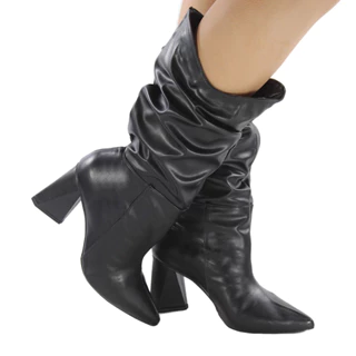 Bota Feminina Cano Médio Slouchy Franzida Salto Geométrico 7,5cm Bico Fino Moda Luxo Confortável