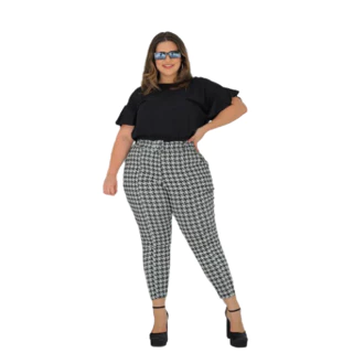 Calça Feminina Alfaiataria Bengaline Estampa Xadrez Plus Size P M G GG