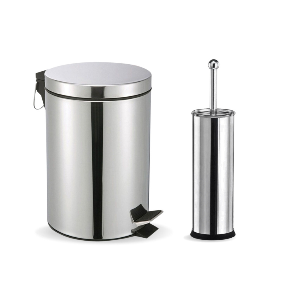 Kit Para Banheiro Lixeira Inox Pequena Com Pedal E Tampa 3 Litros 3L + Escova Sanitária Em Aço Inox Para Limpeza Higienização De Vaso Privada