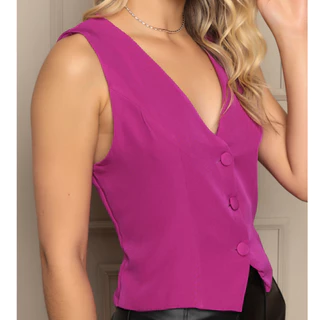 Colete Alfaiataria Feminina Casual Com 3 Botões Social