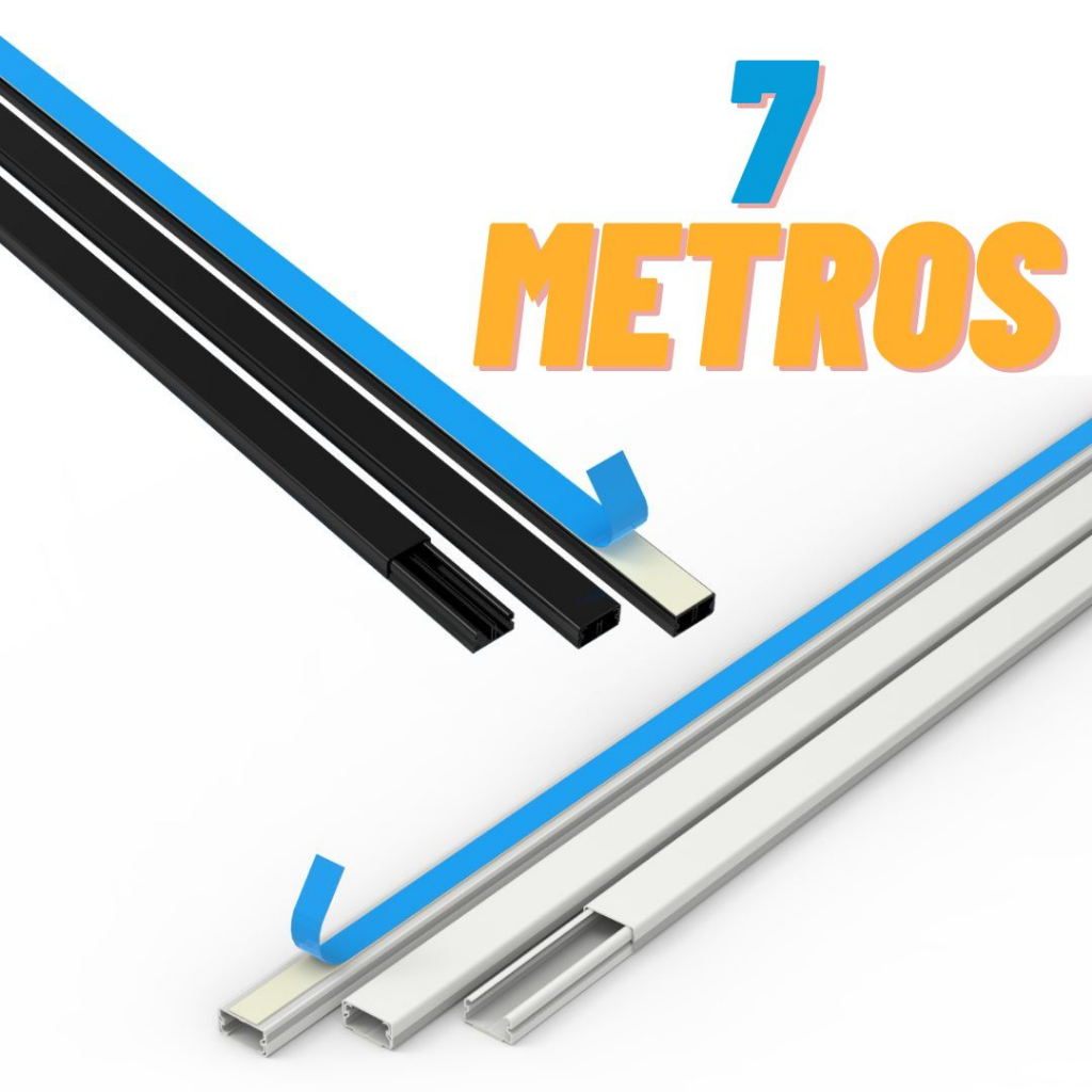 7 Metros Canaleta Organizador de Fios Preta Branca 20x10mm Sistema X Com Fita Adesiva e Divisoria