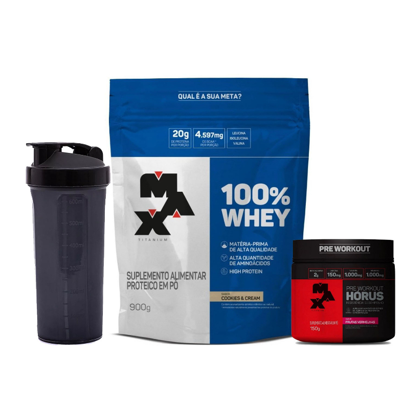 100% Whey Concentrado 900g + Hórus 150g + Coqueteleira – Max Titanium