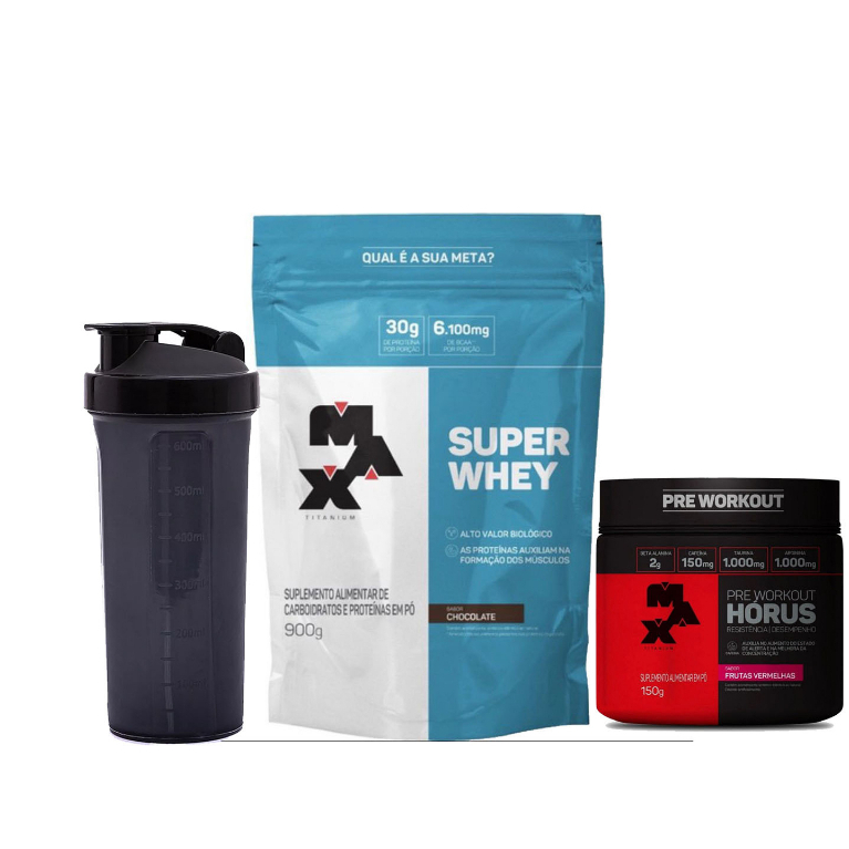 Super Whey Concentrado 900g + Pré Treino Hórus 150g + Coqueteleira – Max Titanium