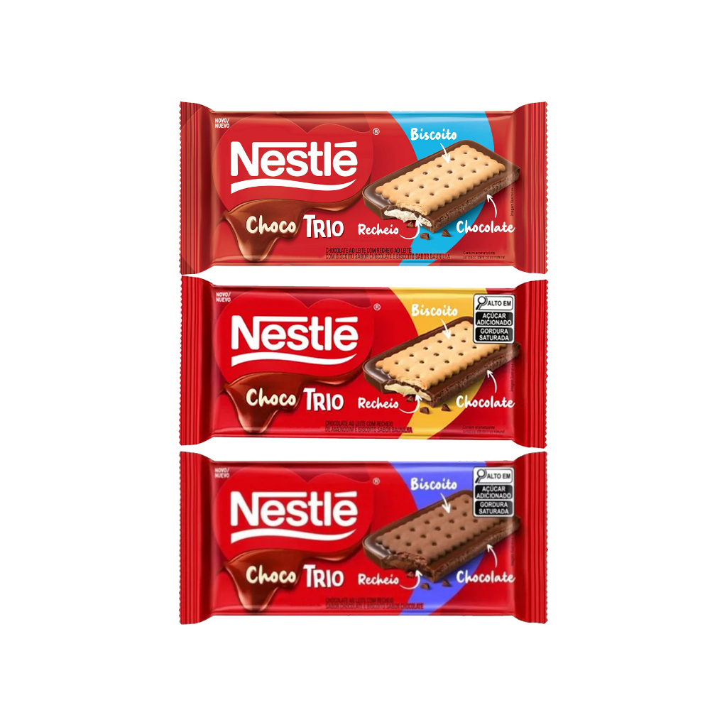 Kit 3 Barra De Chocolate Choco Trio Biscoito Recheio 90g - Nestle