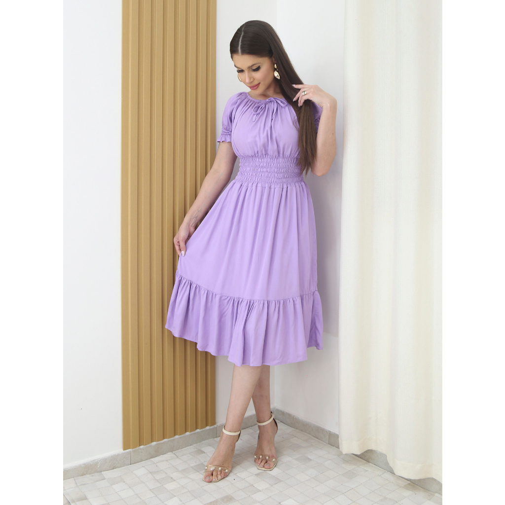 Vestido Mídi Elegante para Fesra Igreja ou Dia Dia Com Elástico Na