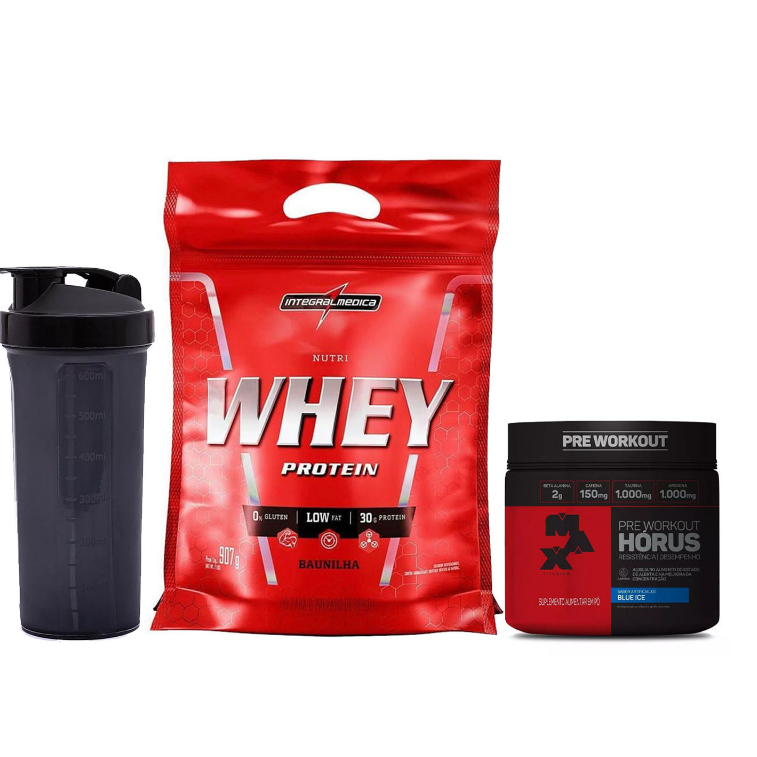 Kit Nutri Whey Isolado e Concentrado 907g + Pré Treino Hórus 150g + Coqueteleira – Max Titanium