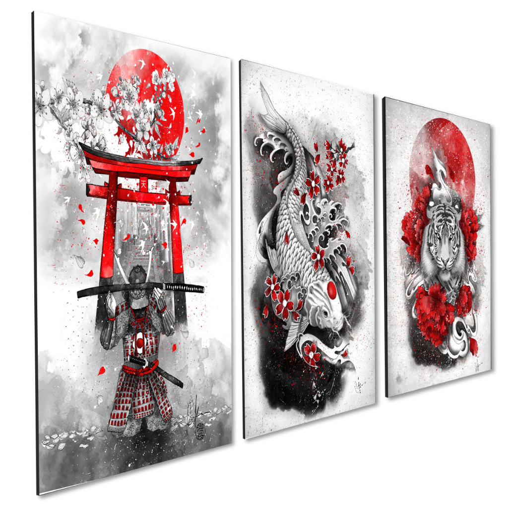 Kit 3 Quadros Decorativos Abstrato Japonês Tigre Portal Torii Carpa