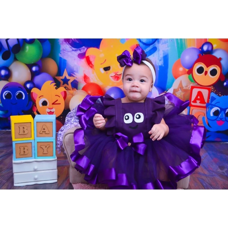 Fantasia Bolofofos Roxinha 2 em 1.Pode usar como Romper e como vestido. PRONTA-ENTREGA,ensaio,mes-versario. RN à 3 anos. Fabricação própria.