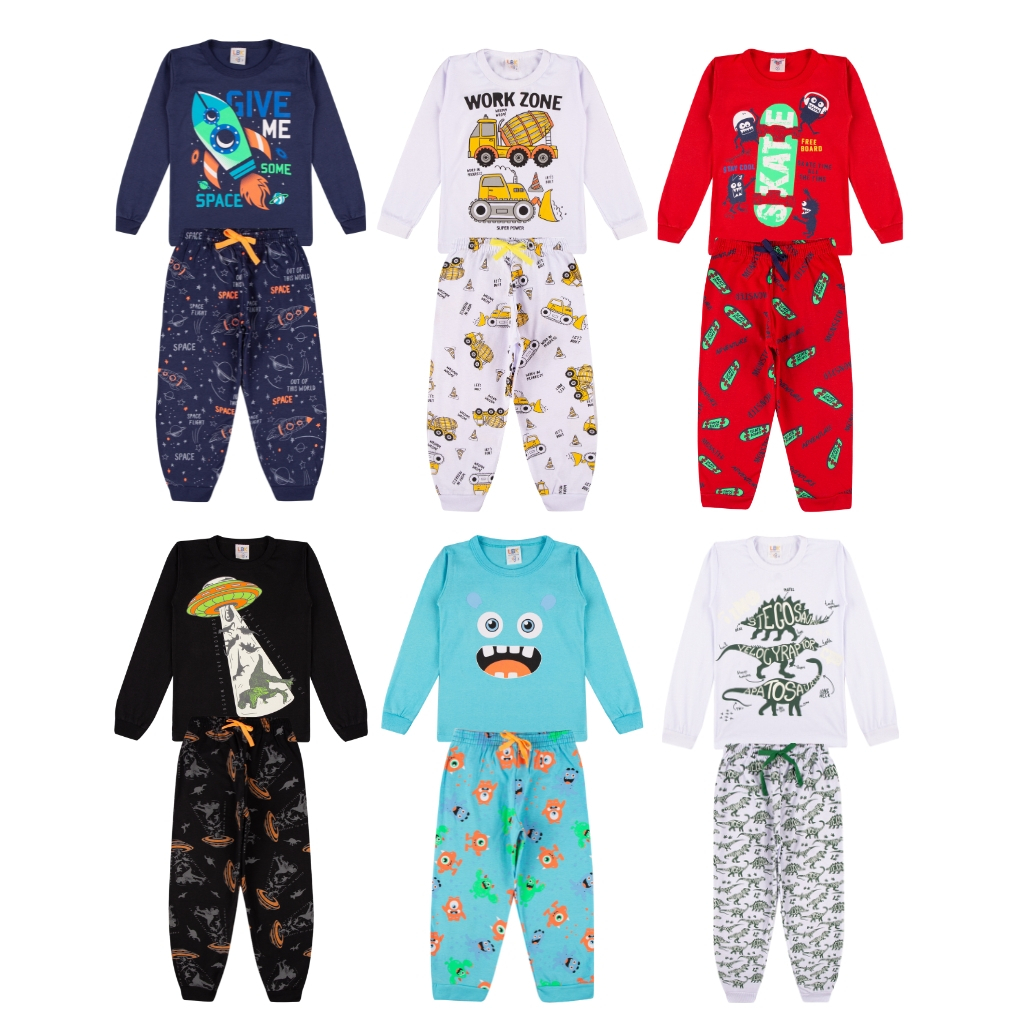 Kit Sortido 3 Pijama Comprido Infantil Menino - 3 Camisas + 3 Calças - Promoção - Kit com 3 Pijamas de Roupa Infantil Menino Inverno Bebe Barato