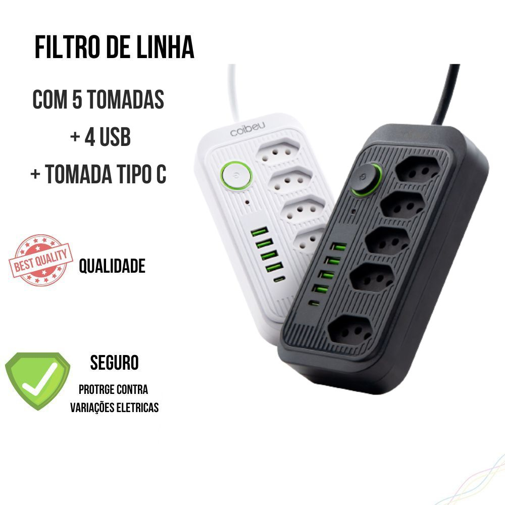 Filtro de Linha Régua 5 Tomadas Extensão de Tomada com 4 usb 1 USBC com cabo de 1.90 cm Bivolt