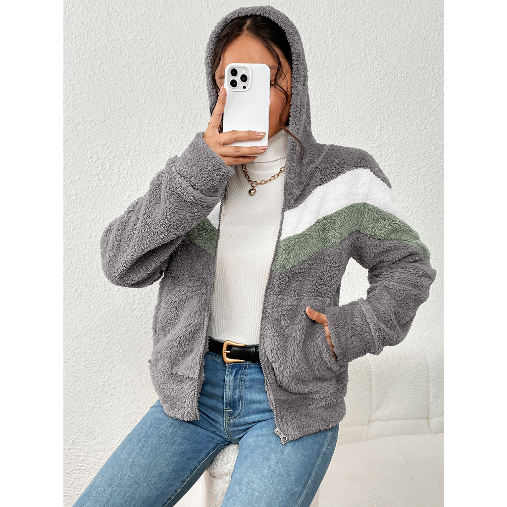 Casaco de Frio de Pelinho Com Zíper e Capuz Moda Outono Inverno