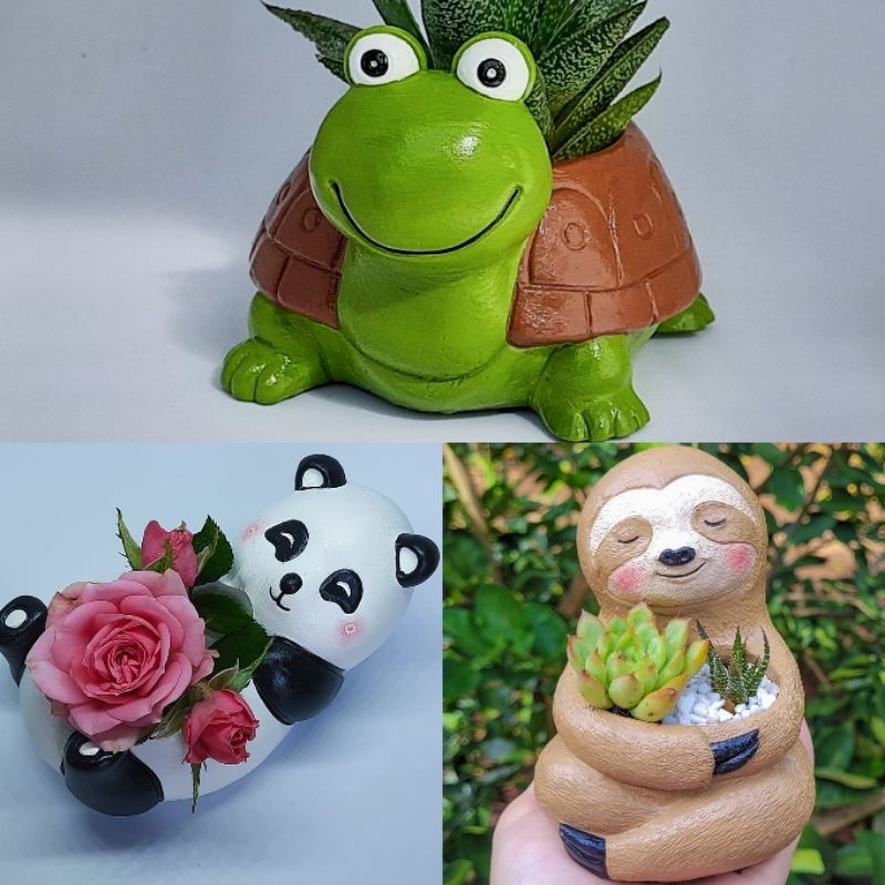 Kit 3 Vasos Tartaruga Panda e Bicho Preguiça Decorativo