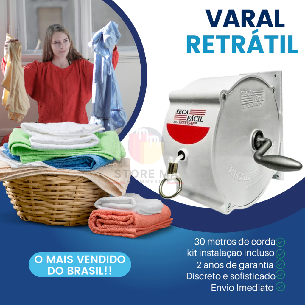 Varal Retratil Parede Recolhível Retrátil Roupa 30mt + Ganchos - Imagem 2