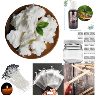 Kit Cera de Coco + Essência + 10 Pote de Vidro + 10 Pavios Algodão + 10 Saquinho Organza + 10 Suporte Pavio
