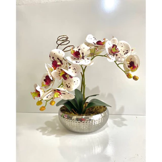 Arranjo de Orquídea dupla de Silicone 3D em Vaso Metal inox prata