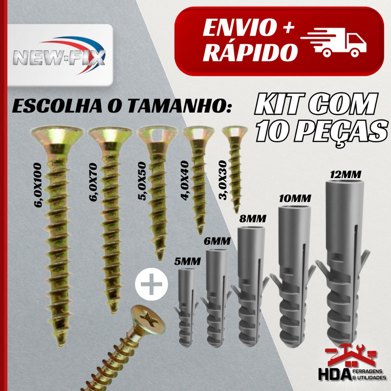 Kit com 10 Parafusos e Buchas S-6 ou S-8 ou S-10 ou S-12 - (Escolha o Tamanho)