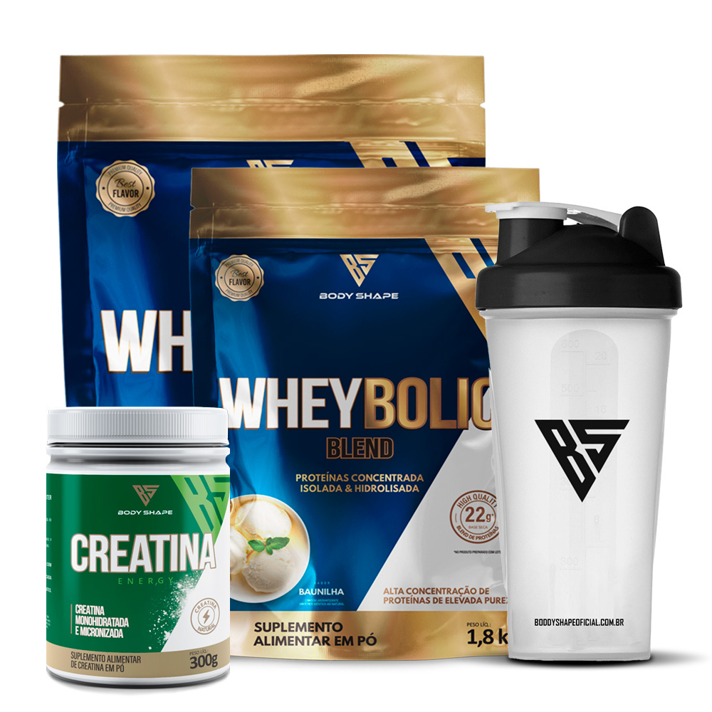 Kit 2x Whey Protein Isolado e Concentrado (WPC) 3,2kg + Creatina Micronizada e Monohidratada 300g + Coqueteleira 600ml Original