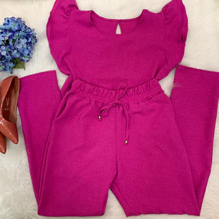 Conjunto Feminino Casual Elegante Blusa Calça em Linho De Algodão Com Babado Na Manga Diversas Cores Roupa Feminina Festa Barata Promoção