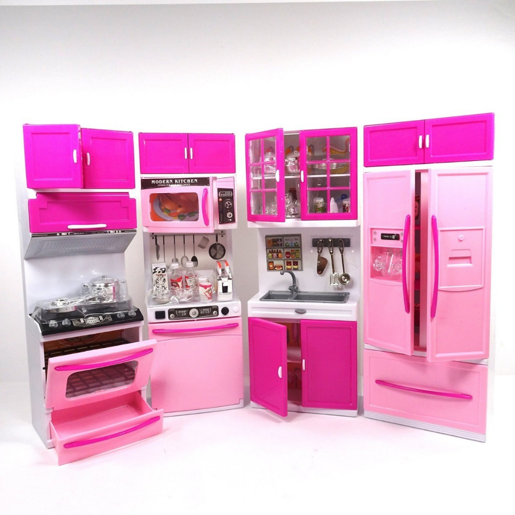 Jogo De Cozinha Barbie Meninas Rosa Grande Kit Completa Luxo Geladeira  Fogao Panelinhas Luzes Infantil Armário