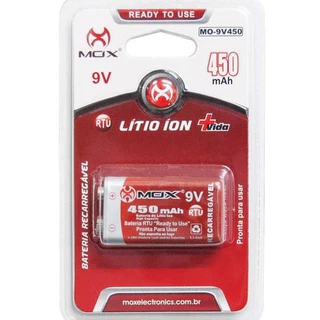 Pilha Bateria 9V Recarregavel 450 mAh RTU Mox Mais Potente Dura Mais