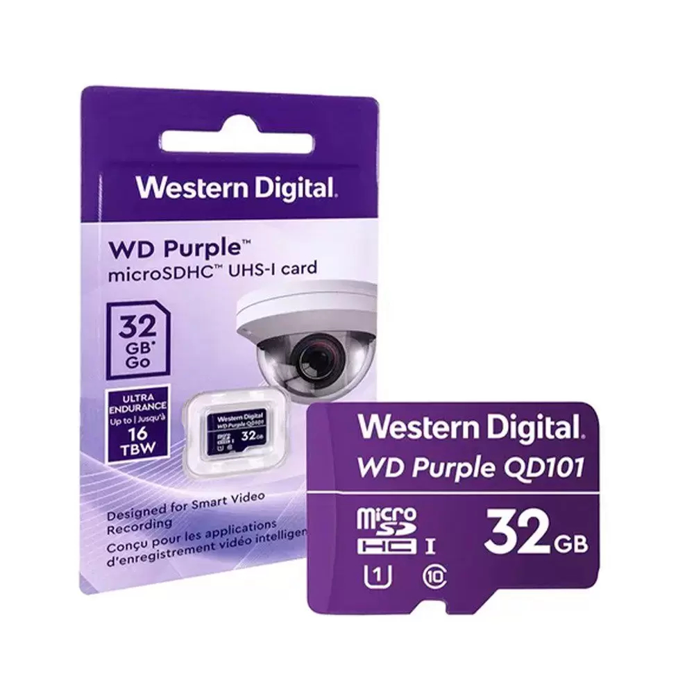 Cartão De Memória 32GB WD Purple Micro SDHC 16TBW Segurança Eletrônica