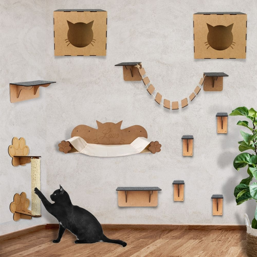 Playground para Gatos Kits Rede Arranhador Nicho Brinquedo Gato Ponte Degraus Prateleiras Parede Mdf