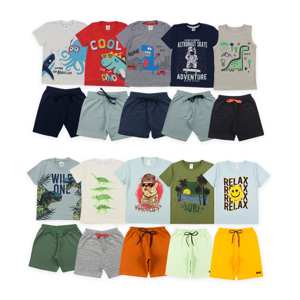 Kit Sortido 20 Peças de Roupas Infantil Menino- 10 Camisetas + 10 Bermudas  - Promoção - Kit com 10 Conjuntos de Roupa Infantil Menino Verão Masculino