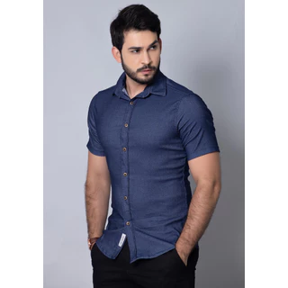 Camisa Jeans Azul Manga Curta Social Masculina Slim com Elastano Bengaline
