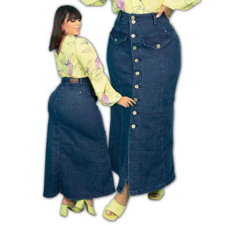 Saia Longa Evangélica Plus Size Jeans Com Lycra Cintura Alta Promoção