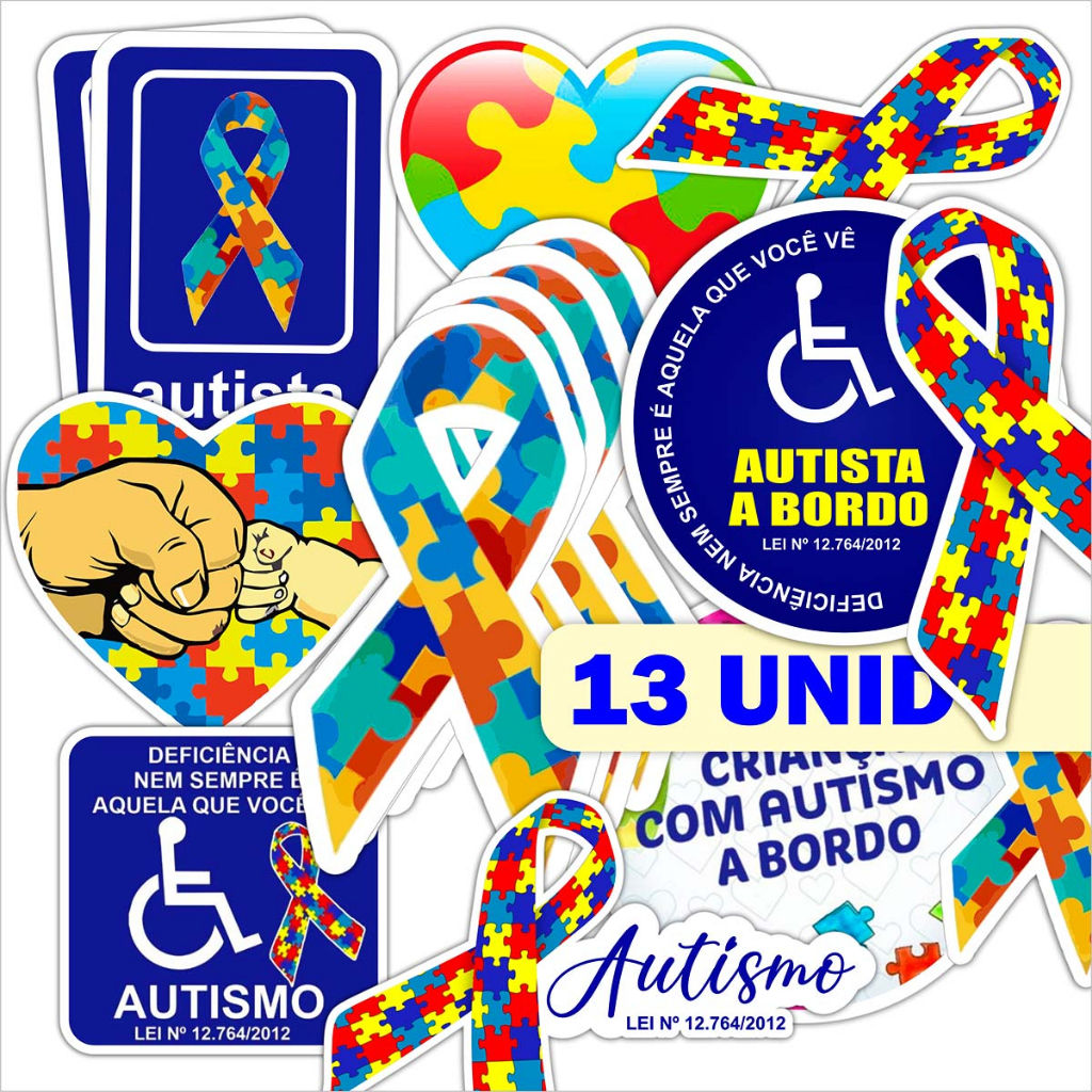 kit - 13 Adesivo Símbolo Autismo Lei Pcd Sticker Autista a Bordo para ...