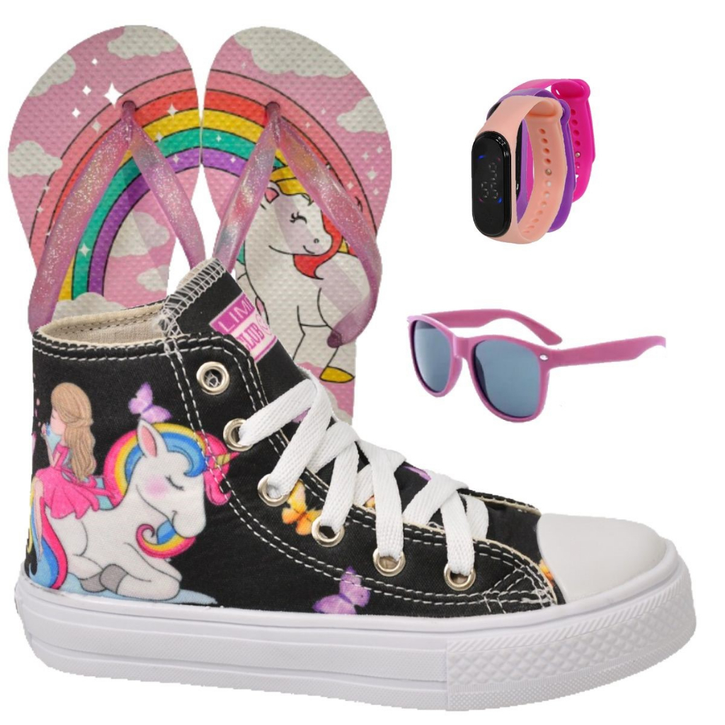 Tênis Botinha Infantil Unicórnio Seria Princesa Feminino Menina Cano Alto + Chinelo Óculos Relógio