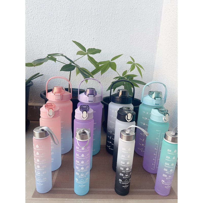 Kit da Garrafa de água com frase motivacional com canudo e adesivos 300ml+900ml+2000ml