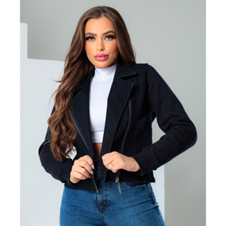 Blusa Feminina de Frio Jaqueta com Moletom Jeans Feminina Azul Escuro Manga Longa
