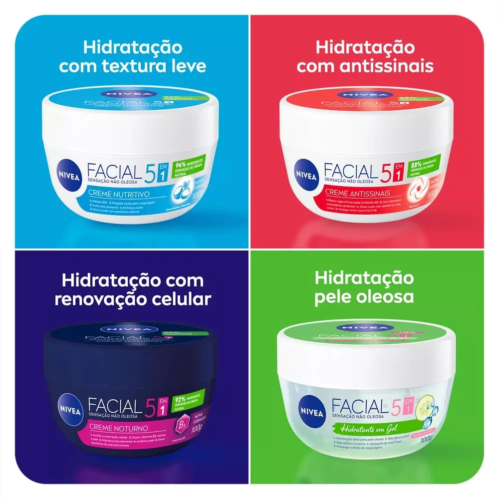 KIT 2 UNIDADES - Creme Facial NIVEA 100g - Antissinais - Nutritivo - Noturno - Gel Fresh - Pele Negra