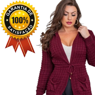 Casaco Feminino Inverno Cardigã Capuz E Bolso Tricot Parka Kimono