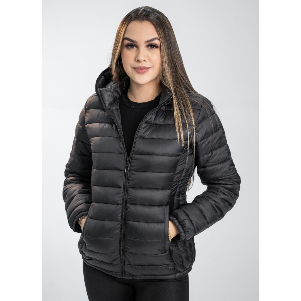 Jaqueta Puffer Nylon Capuz não Removível com Pelo Ecológico