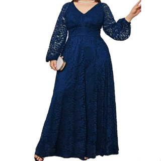 Vestido Longo Plus Size Em Renda, Manga Bufante Longa Ps94