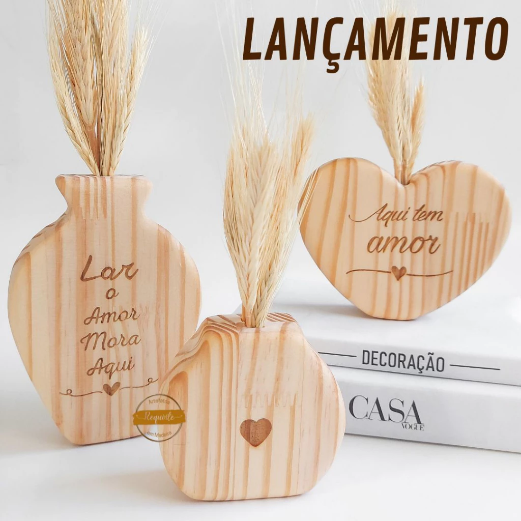 Vaso Decorativo em Madeira Vasinho com Folhas de Trigo Enfeite Sala Quarto Escritório Mesa Posta