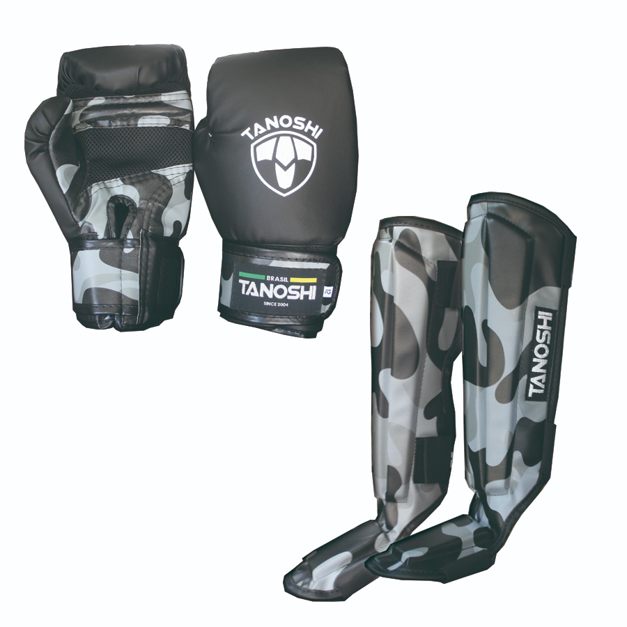 Kit Camuflado Luva Boxe MuayThai Sanda + caneleira TANOSHI