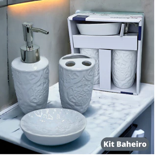 Conjunto Kit Banheiro Porcelana 3 Peças Lavabo Porta Sabonetes e Escovas