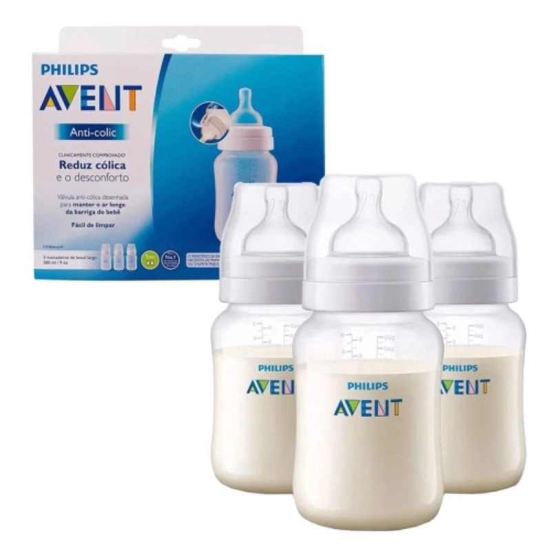 Kit 3 Mamadeiras Philips Avent 260ml Clássica Anti-colic transparente