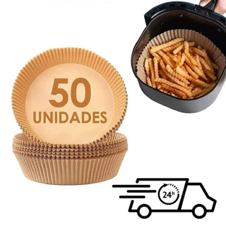 Kit 50 / 100 / 200 Unidades Forma Air Fryer Assadeira Fritadeira Cesto Descartável Antiaderente Redonda Forro De Papel Vegetal