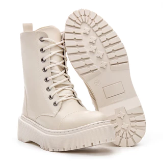 Bota Coturno Feminino Sola Tratorada Preta e Solado liso na Off-White Blogueira Promoção