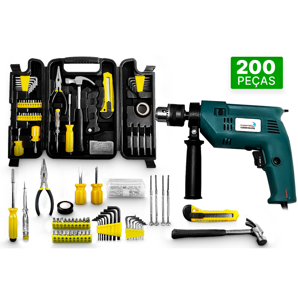 KIT Ferramentas Furadeira Elétrica Impacto Forte 550W Com 200 Peças