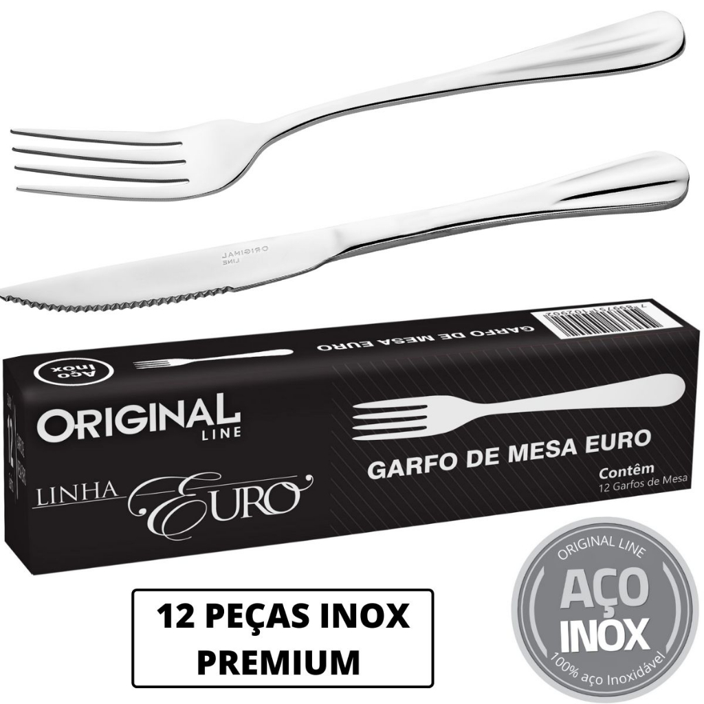 Jogo de talher - Garfo de Mesa e Faca de churrasco - 12 peças Euro Aço Inox Premium