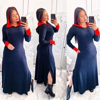 vestido manga longa com capuz e bolso