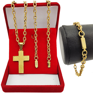 Conjunto Corrente Masculina Cordão 70cm + Pingente Crucifixo + Pulseira Modelo Cadeado Banhado a Ouro 18K