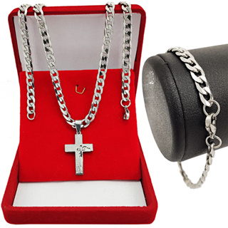 Corrente Masculina 60cm + Pingente Crucifixo + Pulseira Grumet Escama de Peixe Aço Inoxidável
